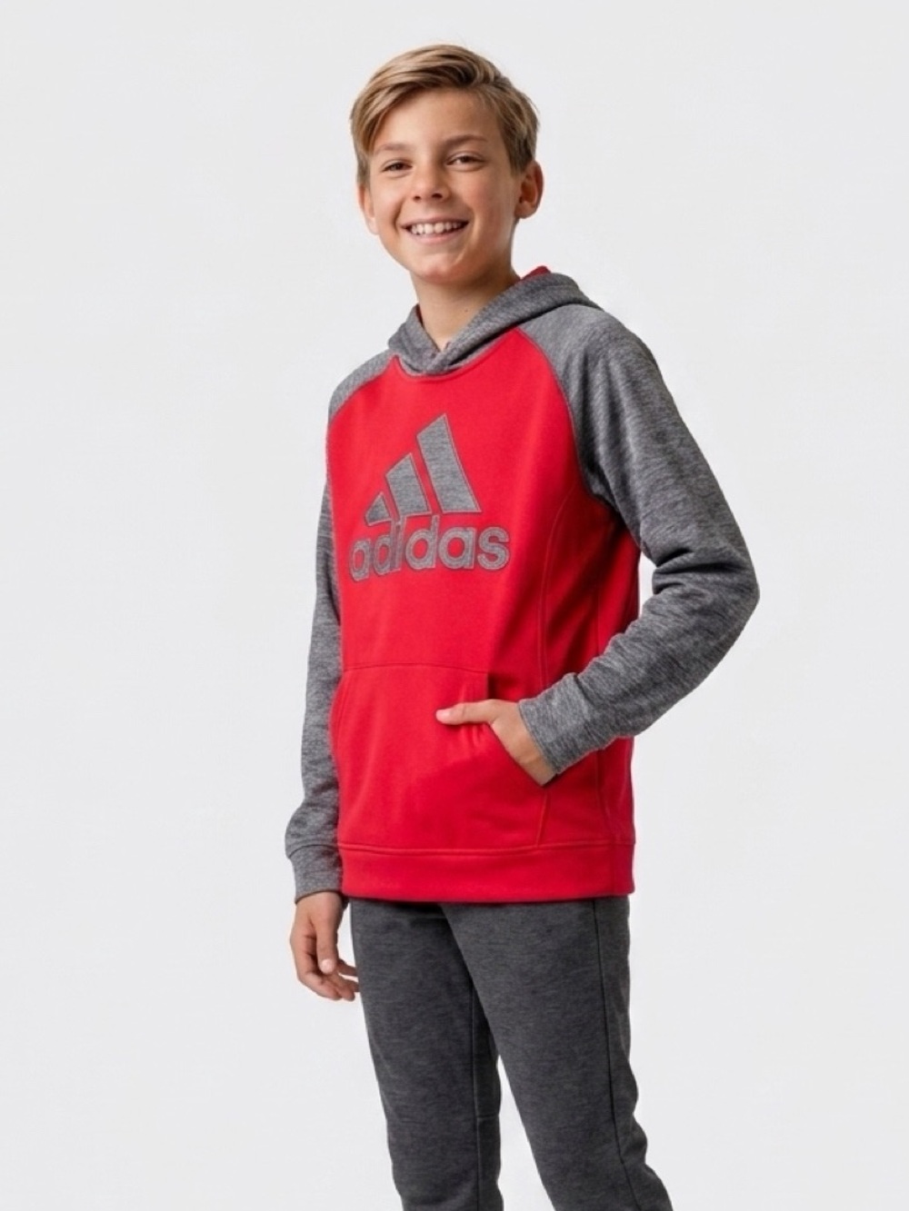adidas Youth Red and Gray Logo Pullover Hoodie